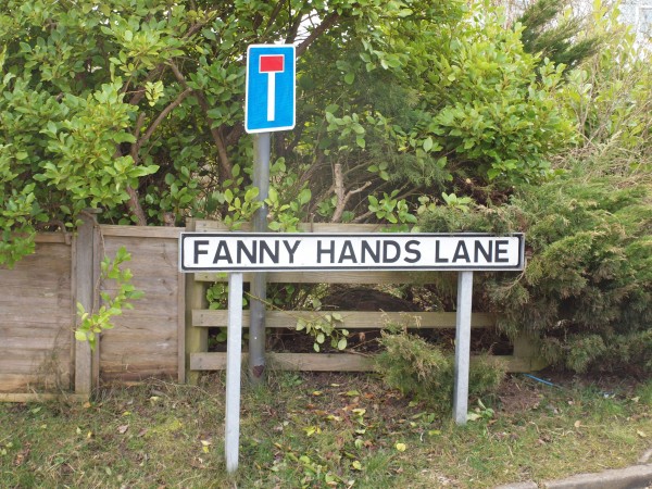 File photo of the street sign for Fanny Hands Lane in Ludford. Streets with rude-sounding names like Crotch Crescent, Turkey Cock Lane, Bell End and The Knob could turn out to be a haven for property hunters looking to snap up a bargain, research suggests. PRESS ASSOCIATION Photo. Issue date: Tuesday February 25, 2014. The study for website NeedaProperty.com looked for evidence of what impact living in a street with a suggestive name could have on the value of your home. Properties on streets with innuendo-laden names were found to be around one fifth or £84,000 cheaper on average than other homes situated nearby. See PA story MONEY Streets. Photo credit should read: Lucy Bogustawski/PA Wire