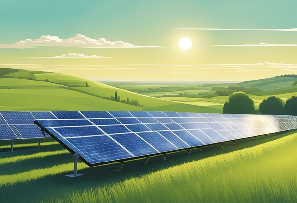 A row of sleek, high-tech solar panels glistening in the sunlight against a backdrop of green fields and blue skies in the UK